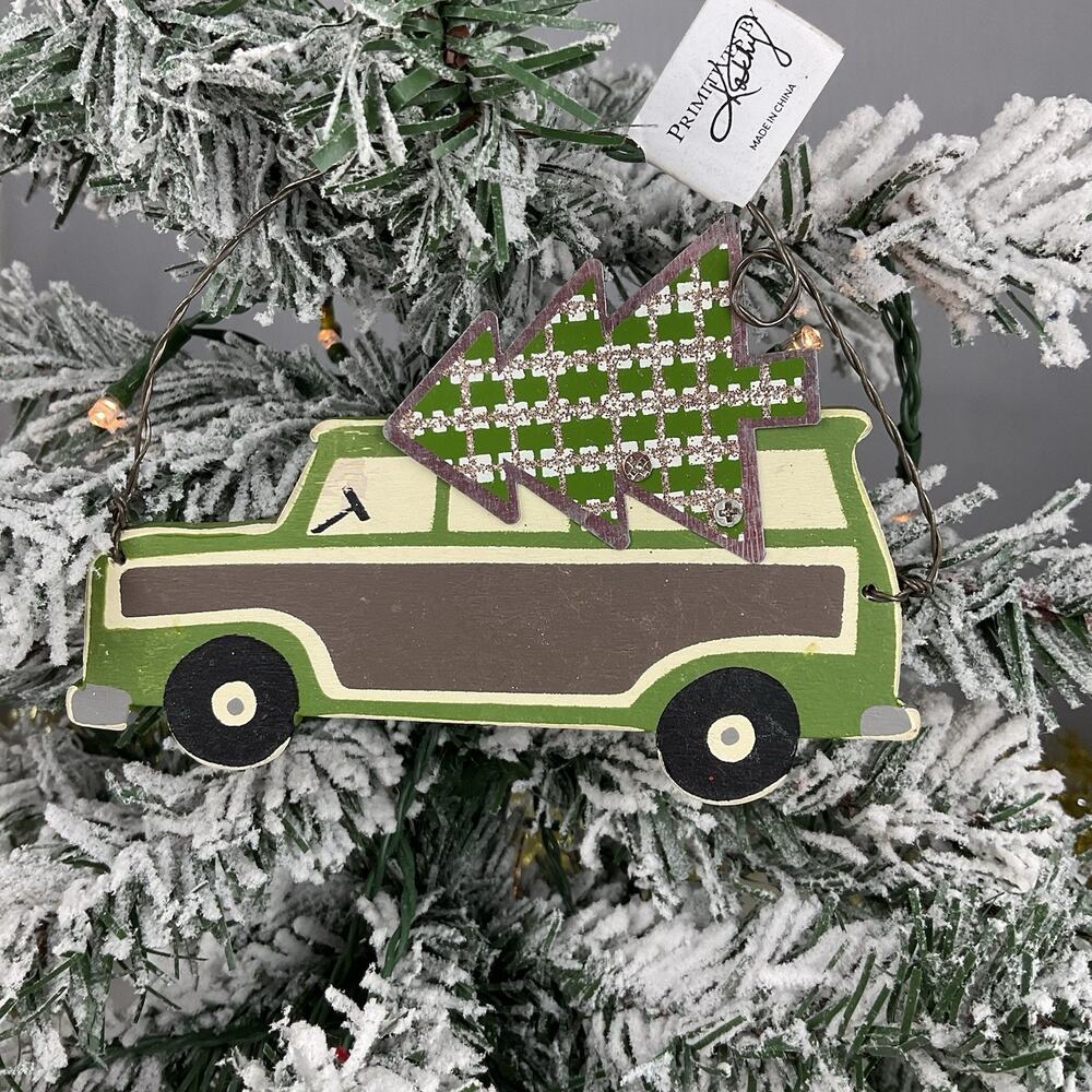 Christmas Ornament-Green And Brown Car With Metal Tree On Top